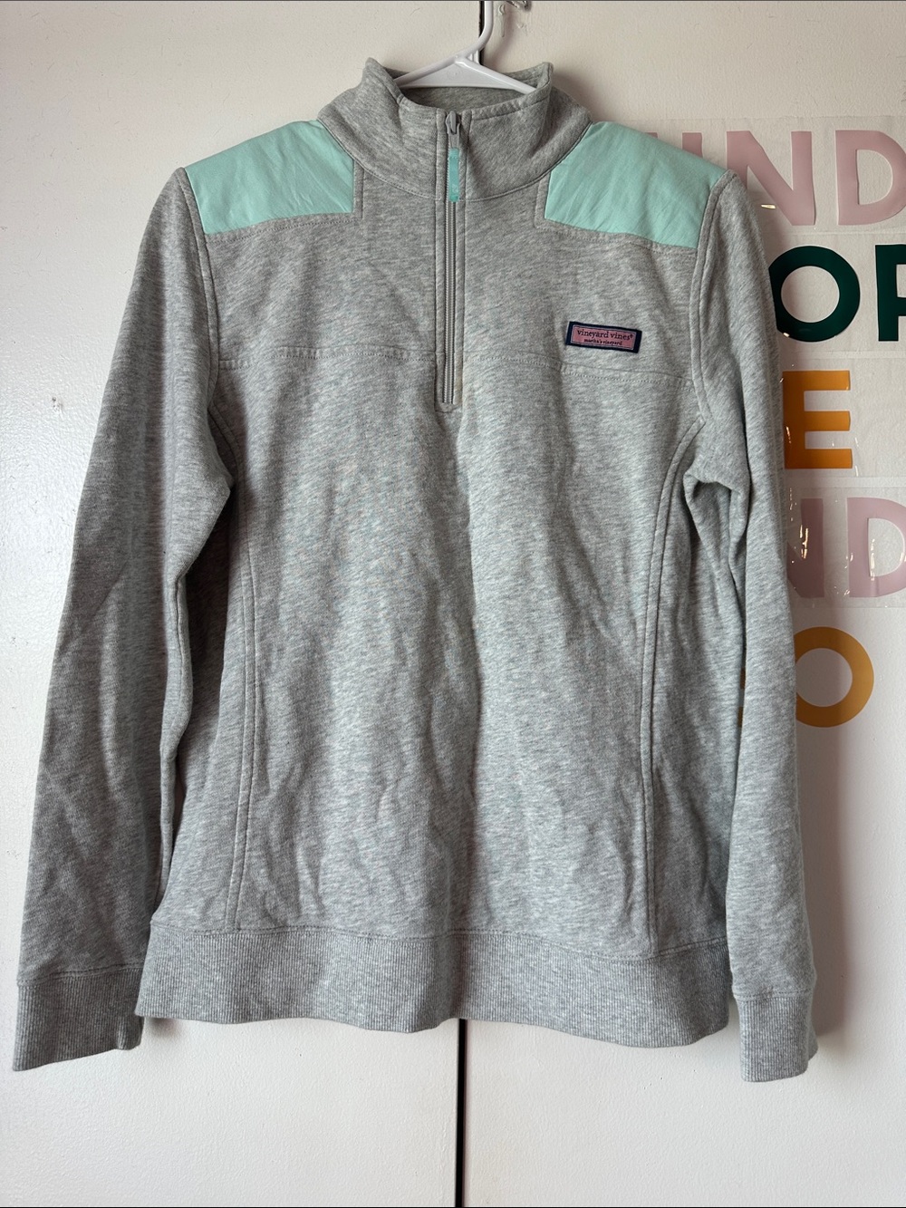 Vineyard Vines Heather Gray Quarter-Zip with Mint Shoulder Panels